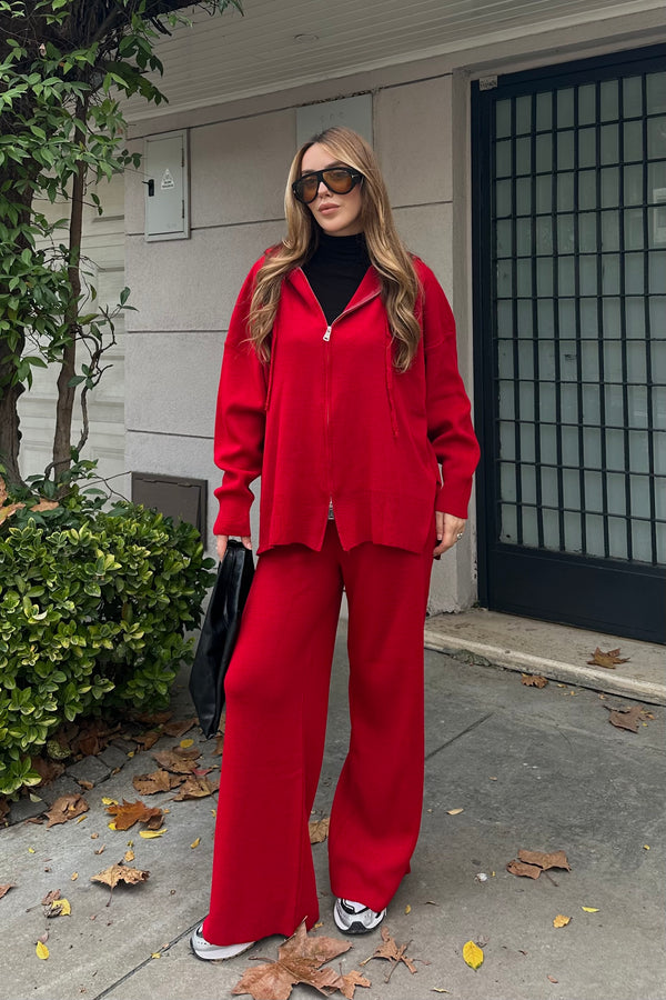 Kırmızı Fermuarlı Kapüşonlu Triko Takım - 0511