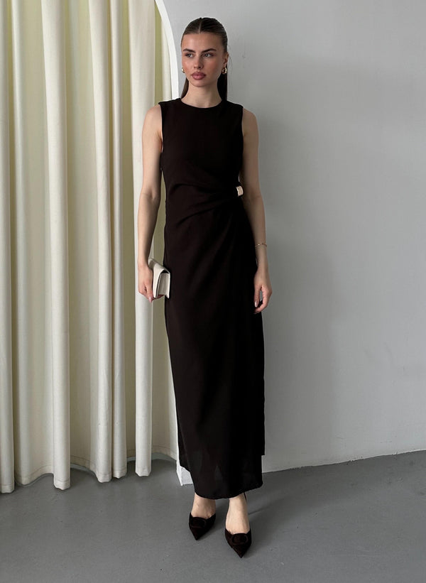 Kahverengi Gold Tokalı Elbise