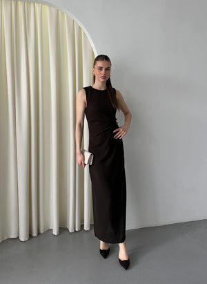 Kahverengi Gold Tokalı Elbise