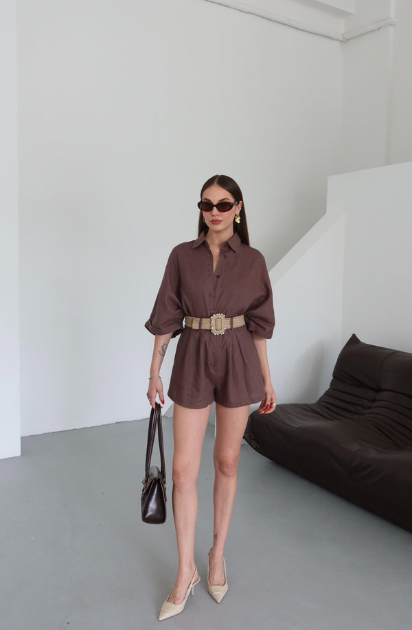 Kahverengi Hasır Kemerli Gömlek Şort Takım