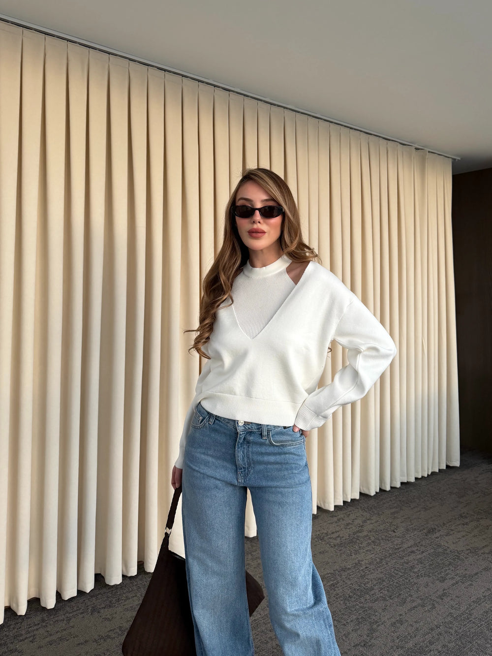 Ekru İkili V Yaka Kazak - 251206