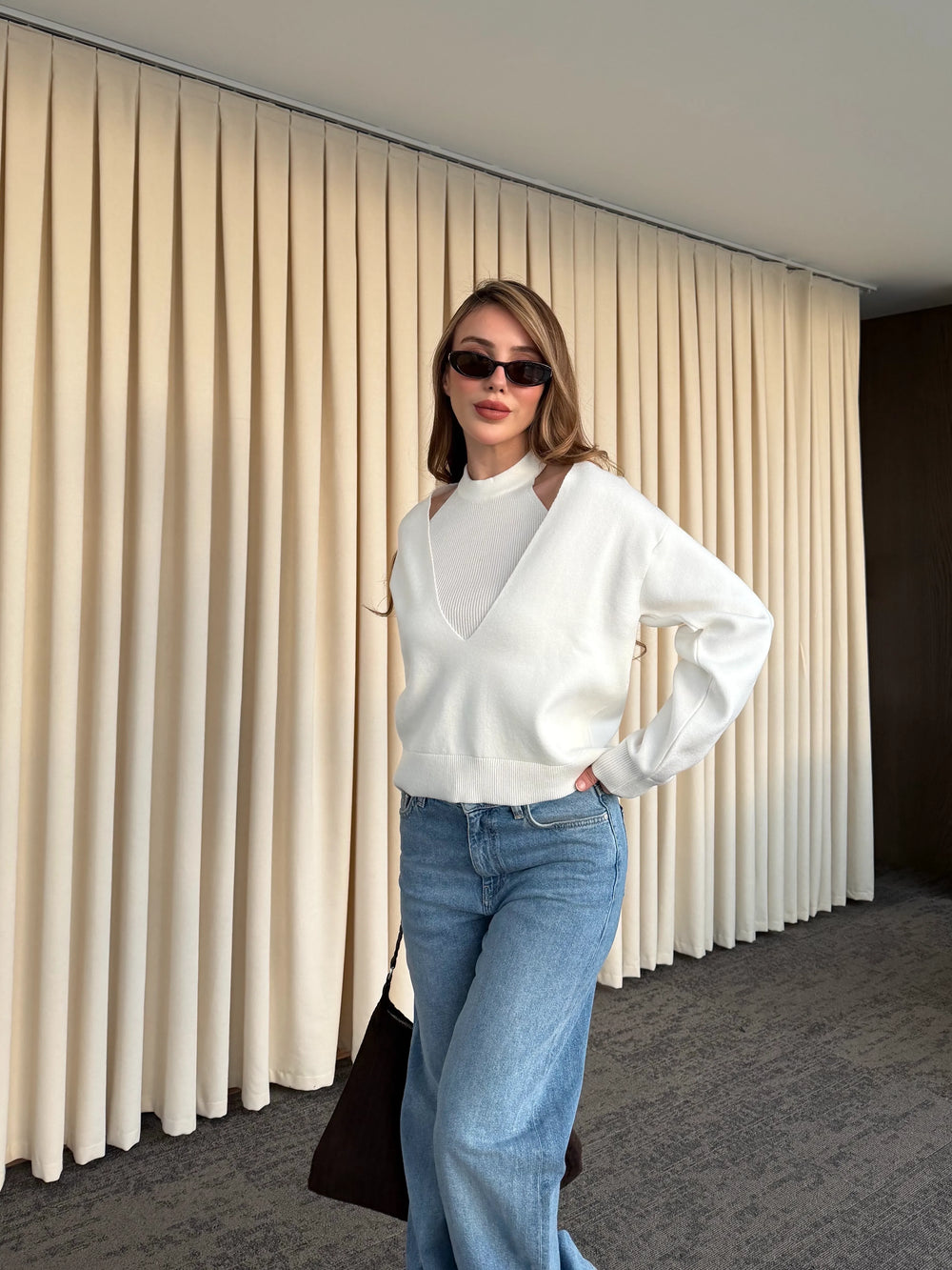 Ekru İkili V Yaka Kazak - 251206