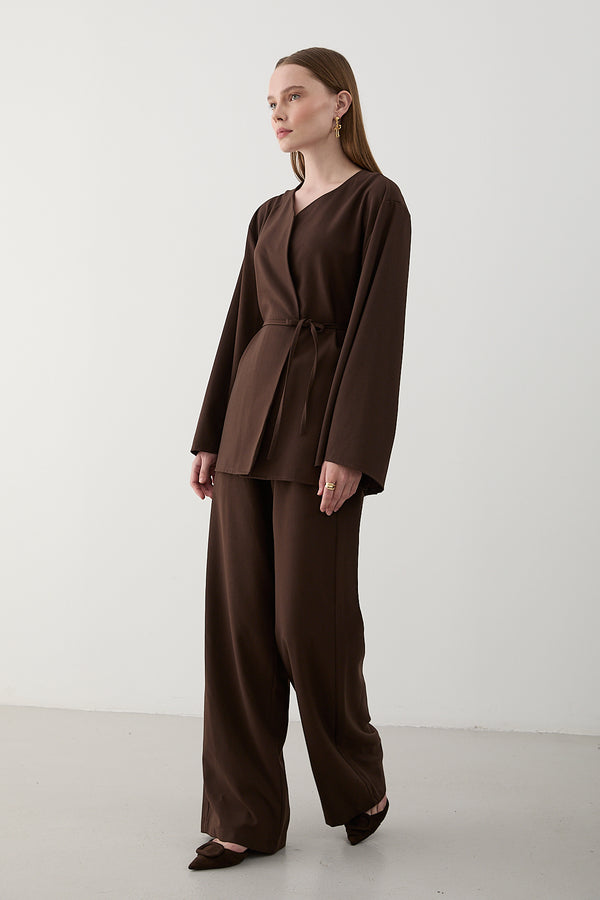 Kahverengi İpli Kimono Takım - 8864