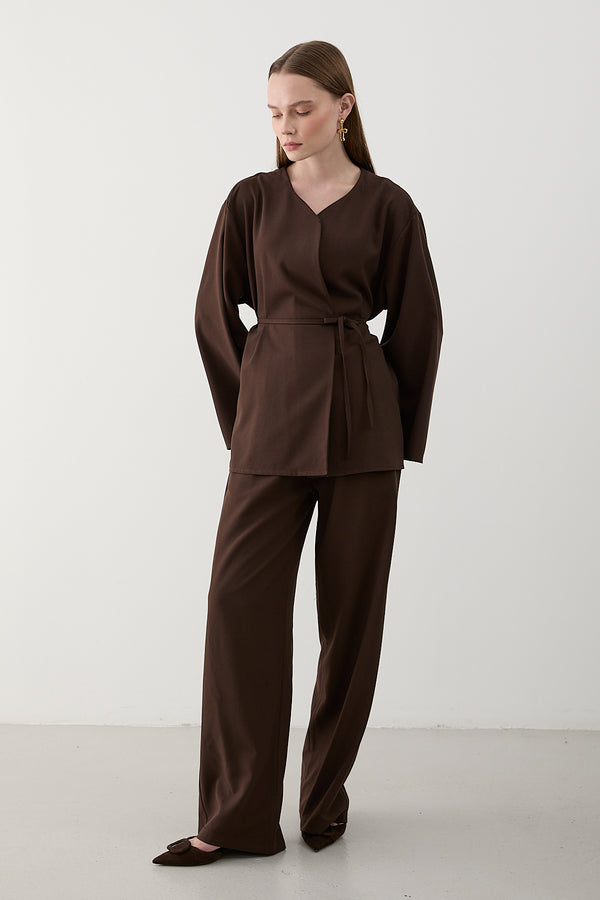 Kahverengi İpli Kimono Takım - 8864