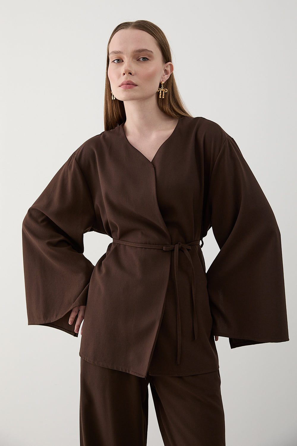 Kahverengi İpli Kimono Takım - 8864