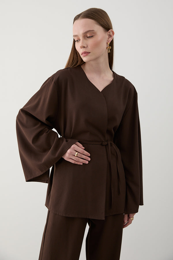 Kahverengi İpli Kimono Takım - 8864