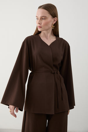Kahverengi İpli Kimono Takım - 8864