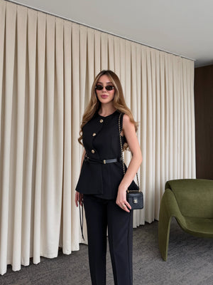 Siyah Kemerli Düğmeli Yelek - 9682