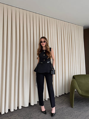 Siyah Kemerli Düğmeli Yelek - 9682