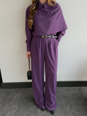 Mor Kemerli Şal Yaka Gömlek Pantolon Takım - 8004