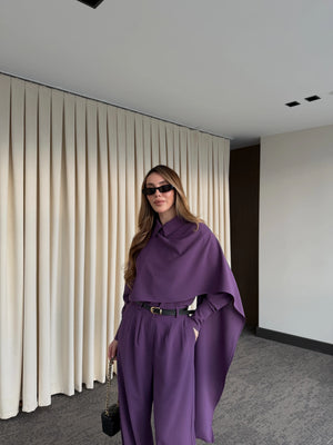 Mor Kemerli Şal Yaka Gömlek Pantolon Takım - 8004