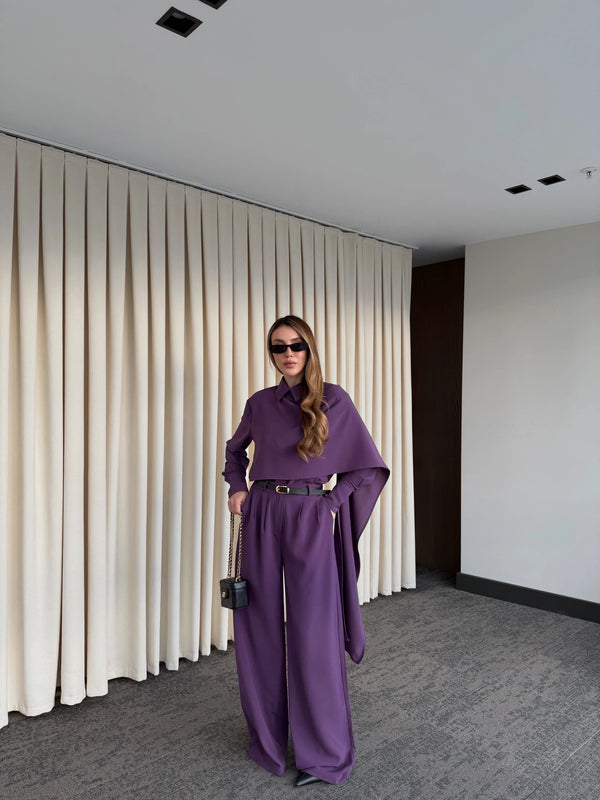 Mor Kemerli Şal Yaka Gömlek Pantolon Takım - 8004