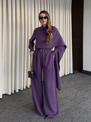 Mor Kemerli Şal Yaka Gömlek Pantolon Takım - 8004