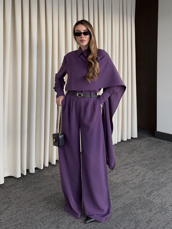 Mor Kemerli Şal Yaka Gömlek Pantolon Takım - 8004