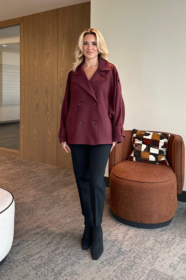 Bordo Kruvaze Kısa Trençkot - 7537