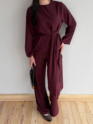 Bordo Kuşaklı Dantel Detaylı Bluz Pantolon Takım - 8006