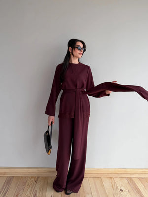 Bordo Kuşaklı Dantel Detaylı Bluz Pantolon Takım - 8006