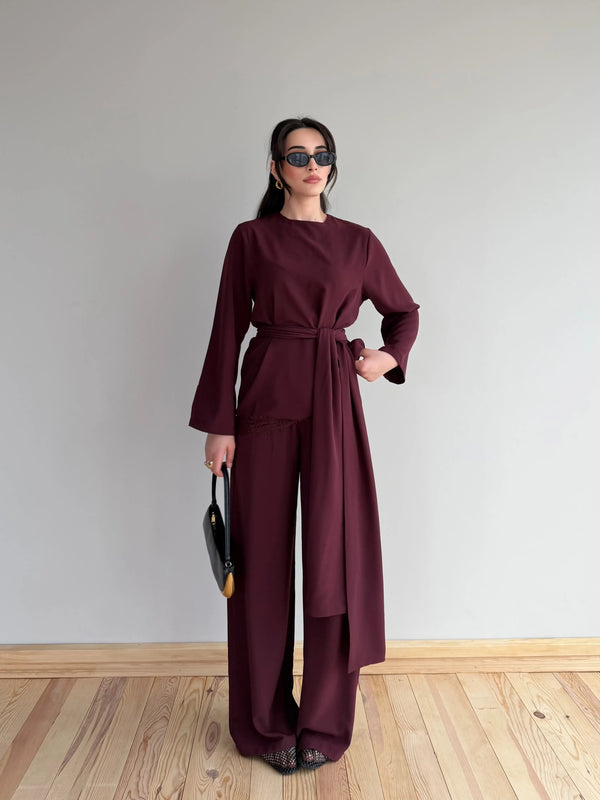 Bordo Kuşaklı Dantel Detaylı Bluz Pantolon Takım - 8006