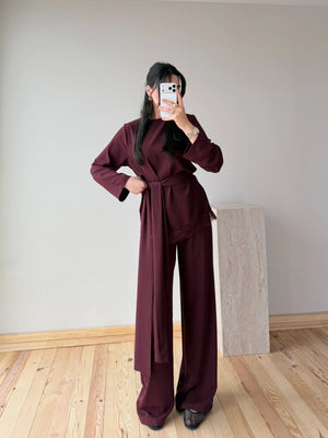 Bordo Kuşaklı Dantel Detaylı Bluz Pantolon Takım - 8006