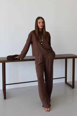 Kahverengi Marisol Bluz Pantolon Takım