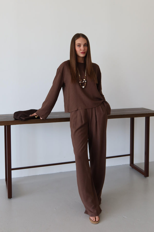 Kahverengi Marisol Bluz Pantolon Takım