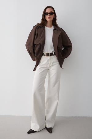 Kahverengi Miyabi Rüzgarlık Detaylı Kuşaklı Kısa Trençkot - 7556