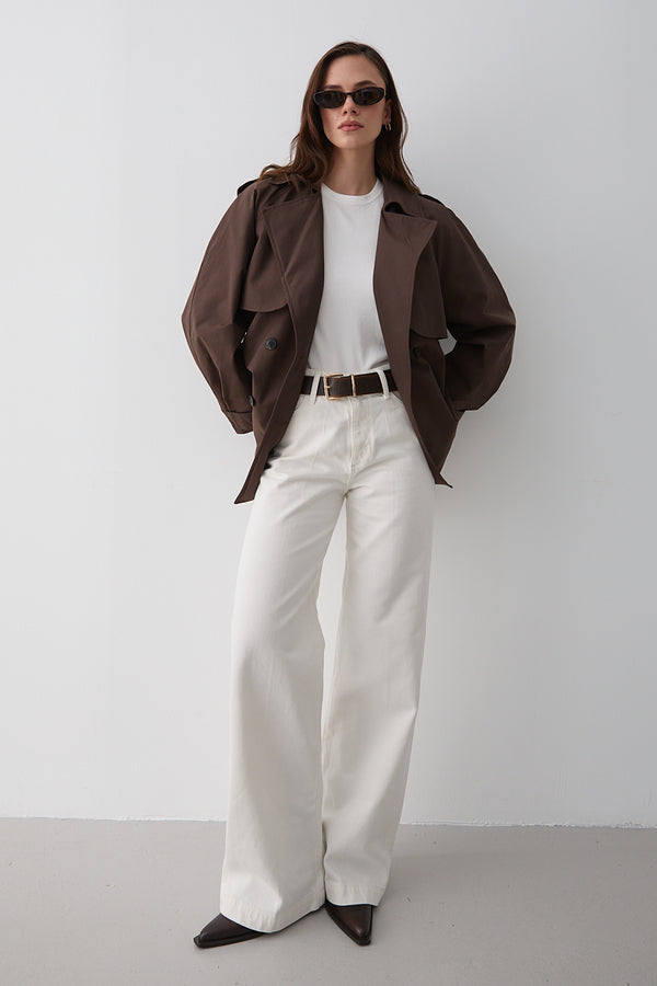 Kahverengi Miyabi Rüzgarlık Detaylı Kuşaklı Kısa Trençkot - 7556