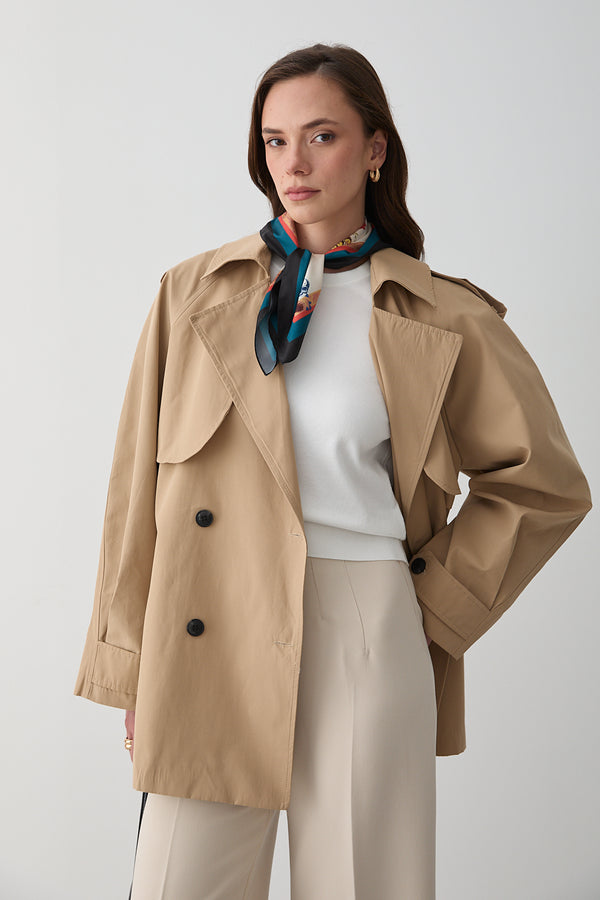 Camel Miyabi Rüzgarlık Detaylı Kuşaklı Kısa Trençkot - 7556