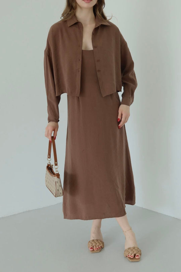 Kahverengi Modal Gömlek Elbise Takım