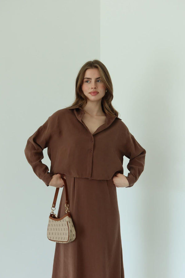 Kahverengi Modal Gömlek Elbise Takım