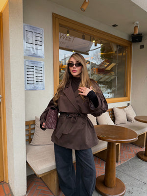 Kahverengi Oversize Düşük Omuz Kısa Trenç - 9580