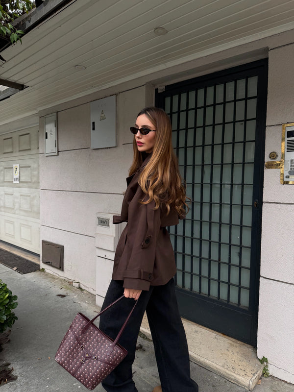 Kahverengi Oversize Düşük Omuz Kısa Trenç - 9580