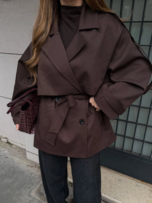 Kahverengi Oversize Düşük Omuz Kısa Trenç - 9580