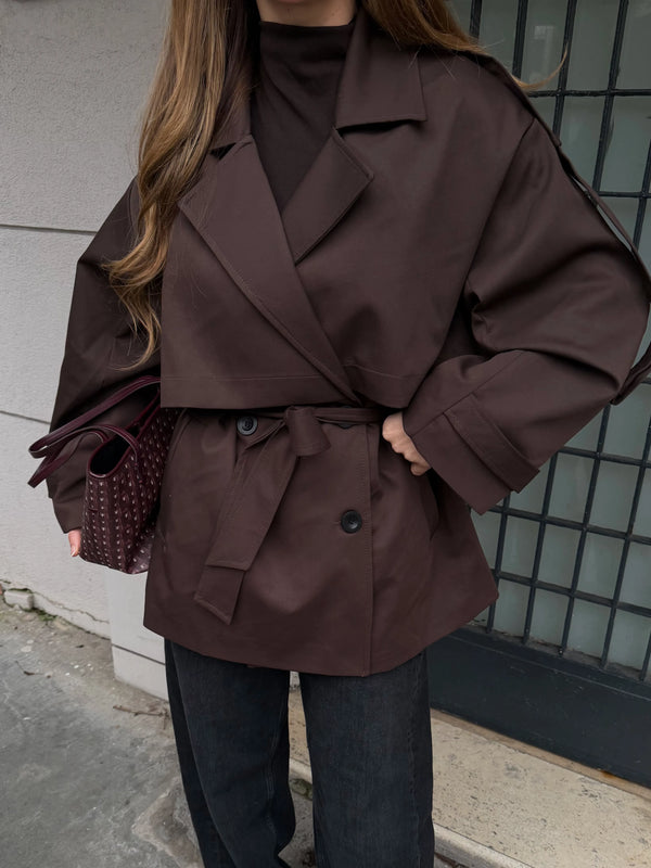 Kahverengi Oversize Düşük Omuz Kısa Trenç - 9580