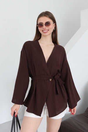 Kahverengi Pamuklu Düğme Detaylı Kemerli Keten Kimono