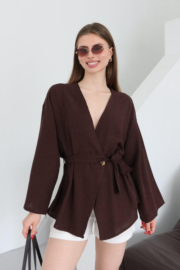 Kahverengi Pamuklu Düğme Detaylı Kemerli Keten Kimono