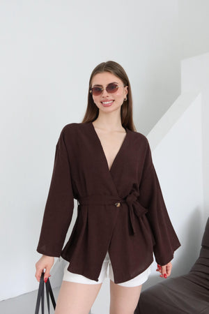 Kahverengi Pamuklu Düğme Detaylı Kemerli Keten Kimono