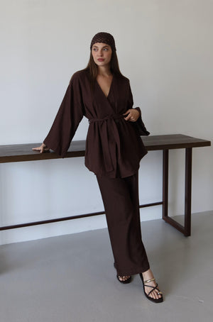 Kahverengi Pamuklu Kimono Bol Paça Pantolon Takım