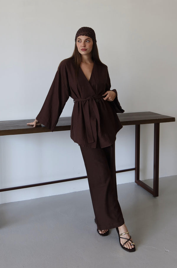 Kahverengi Pamuklu Kimono Bol Paça Pantolon Takım