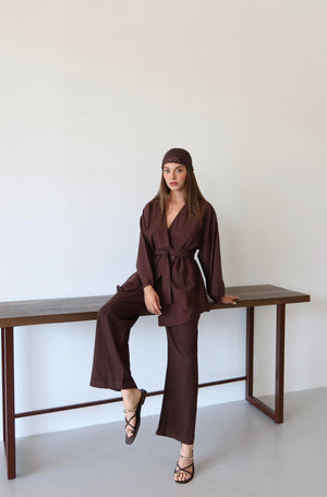 Kahverengi Pamuklu Kimono Bol Paça Pantolon Takım