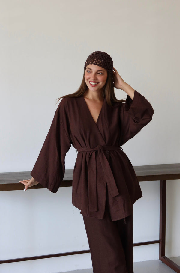 Kahverengi Pamuklu Kimono Bol Paça Pantolon Takım