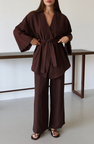 Kahverengi Pamuklu Kimono Bol Paça Pantolon Takım