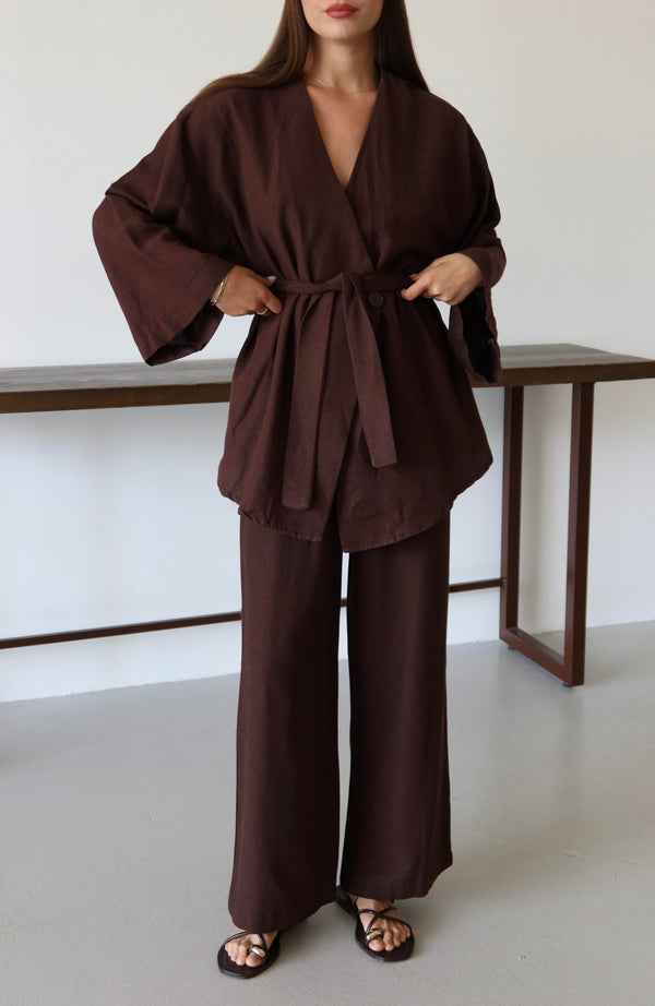 Kahverengi Pamuklu Kimono Bol Paça Pantolon Takım