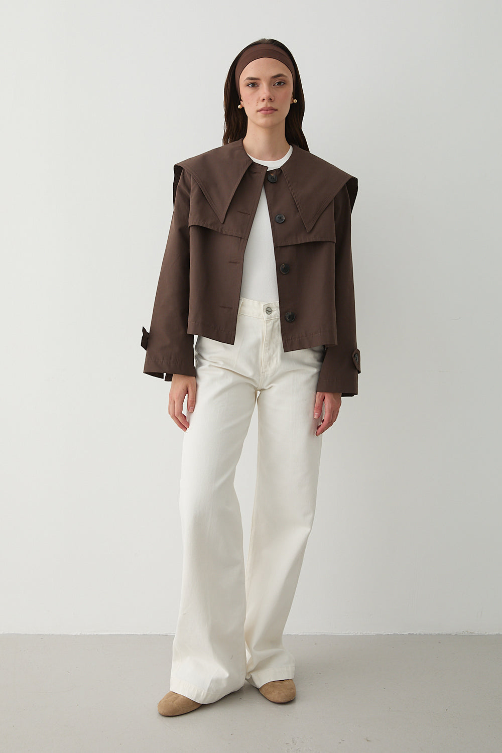 Kahverengi Sakura Geniş Yaka Kısa Trençkot - 7530