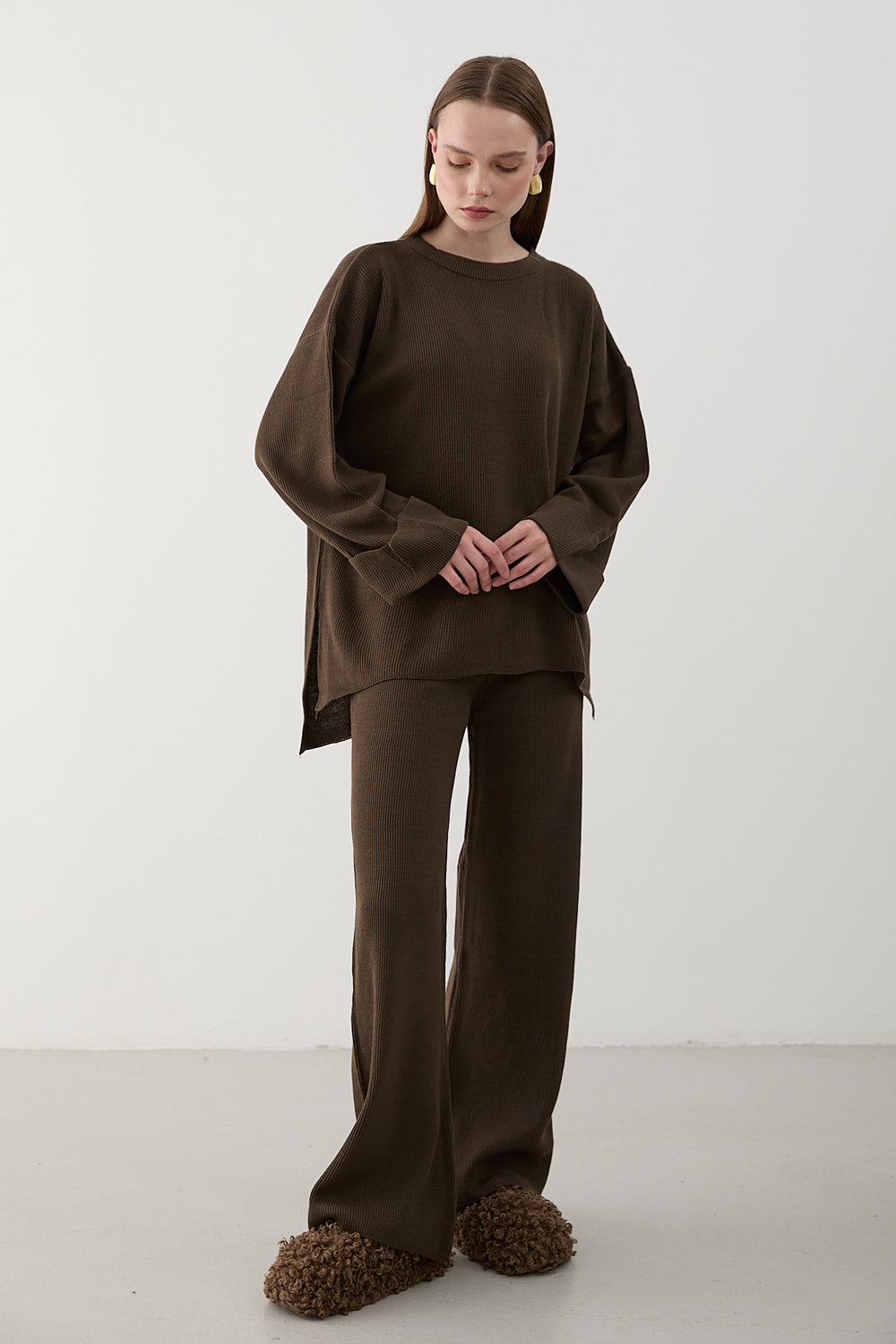 Kahverengi Selanik Örme Triko Takım - 4587