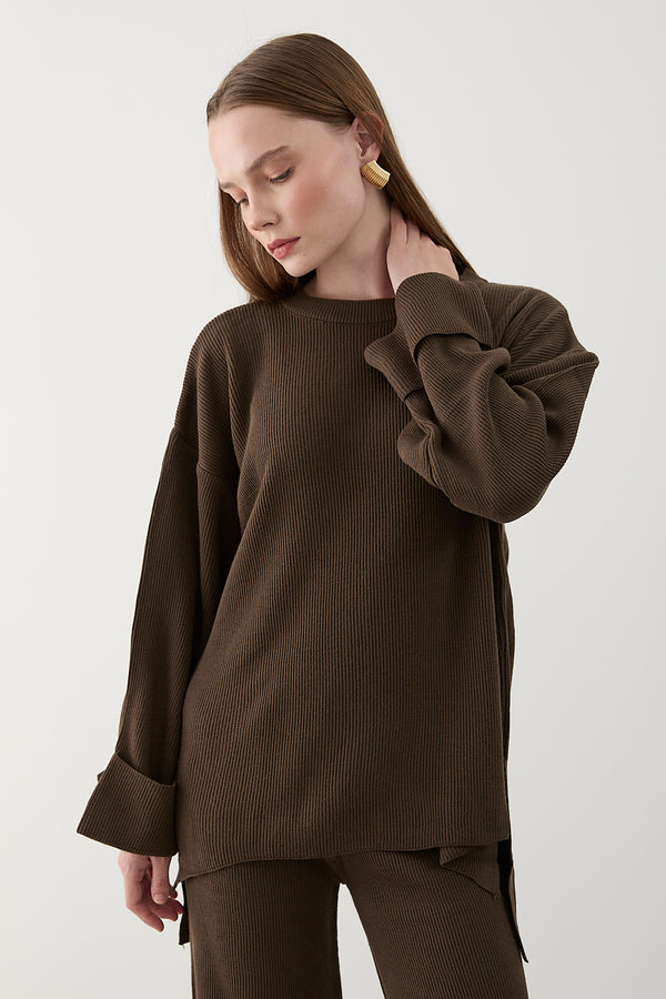 Kahverengi Selanik Örme Triko Takım - 4587