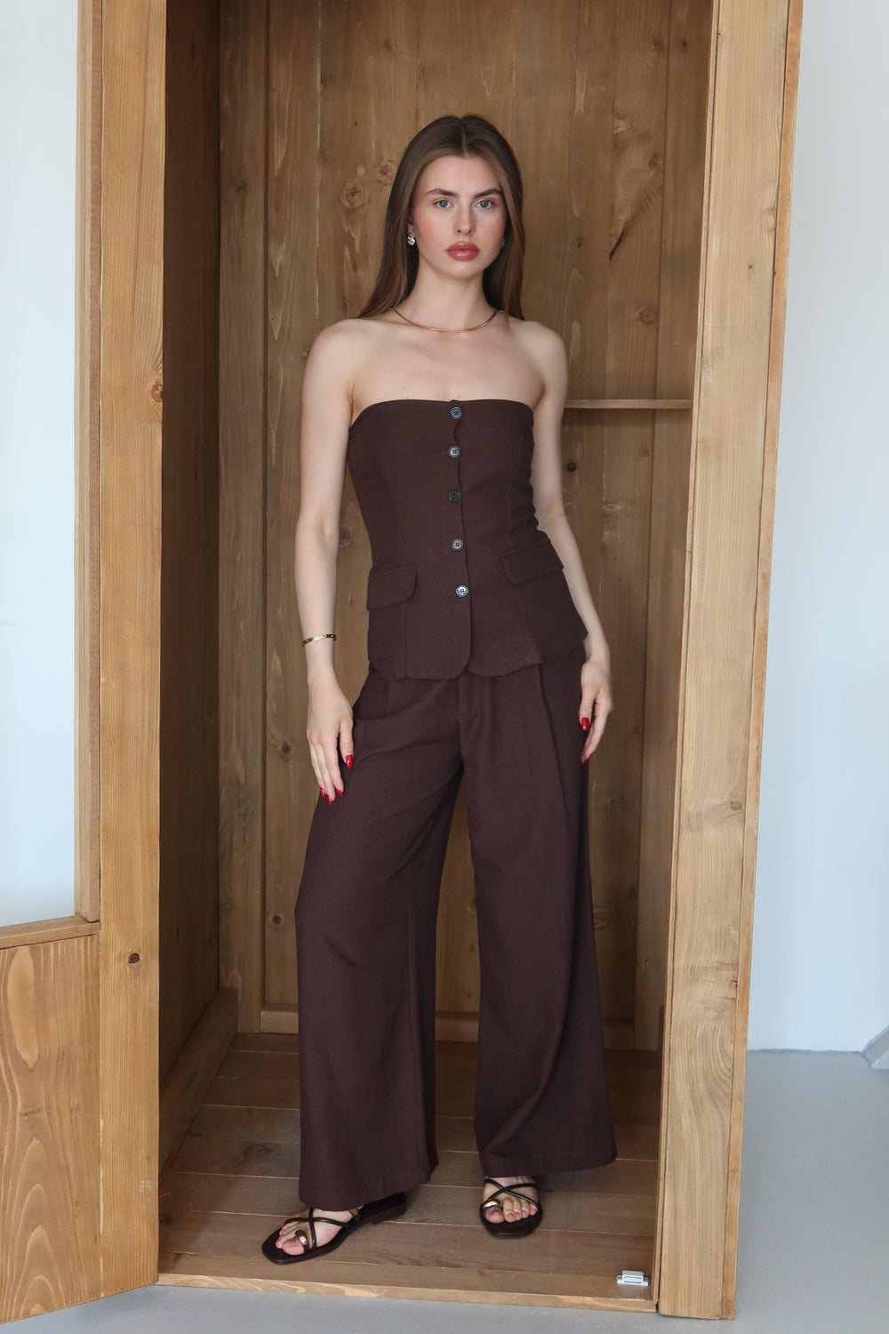 Kahverengi Straplez Bol Paça Pantolon Takım