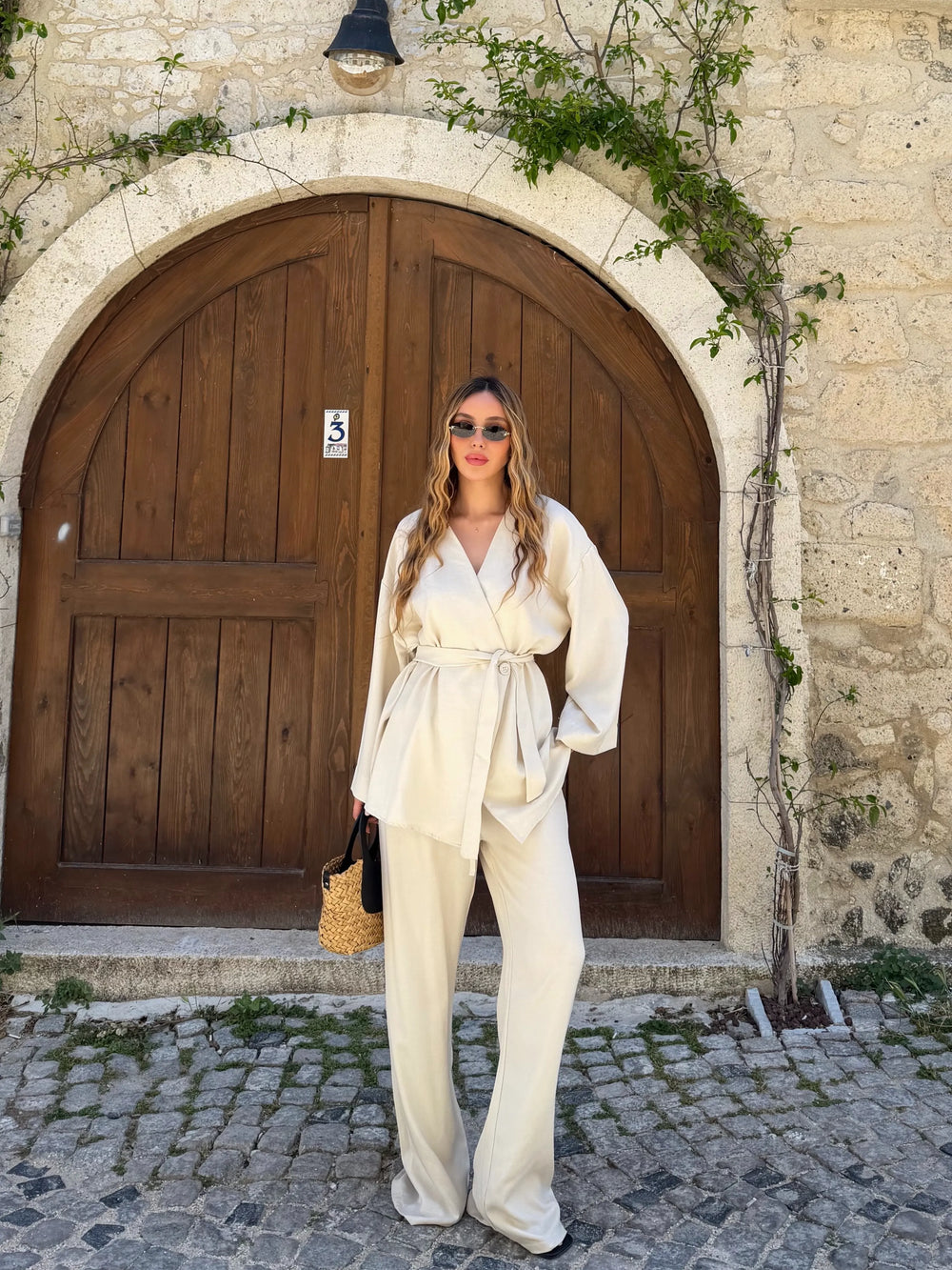 Natural Tek Düğmeli Kuşaklı Kimono Takım - 007