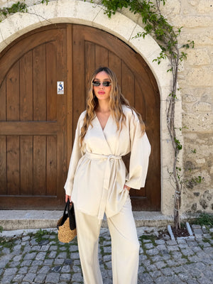 Natural Tek Düğmeli Kuşaklı Kimono Takım - 007