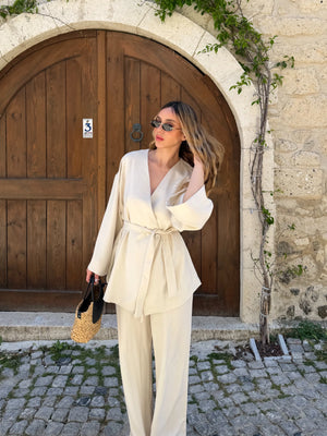 Natural Tek Düğmeli Kuşaklı Kimono Takım - 007